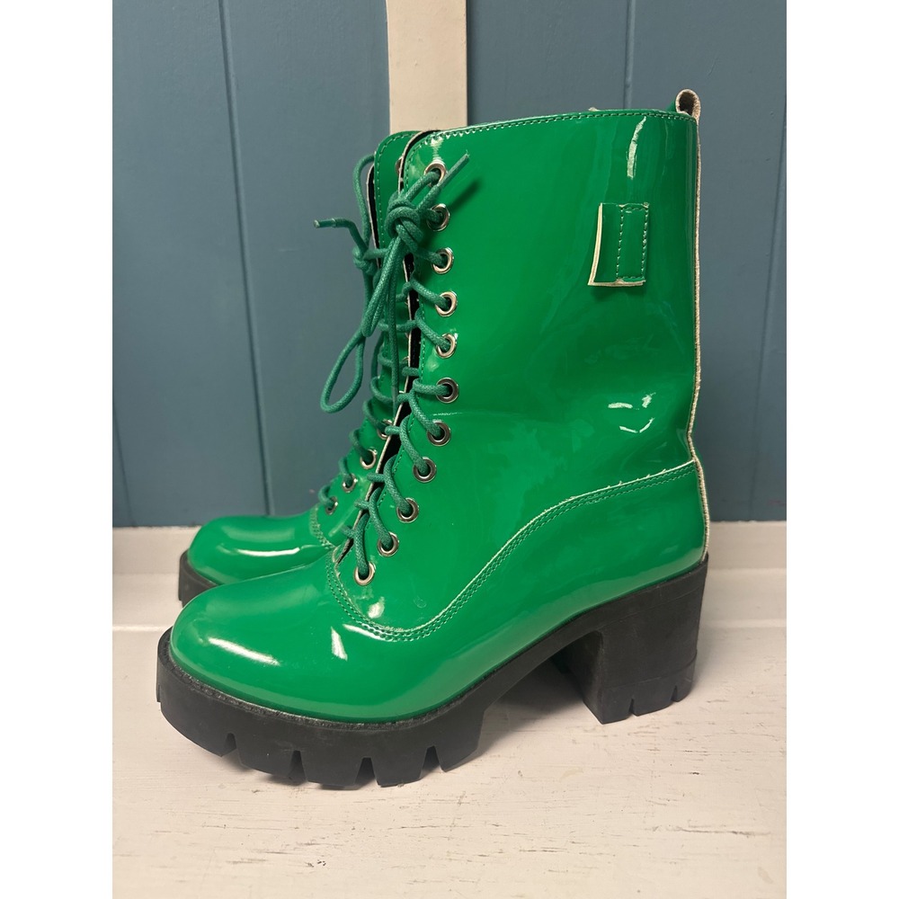 Green Patent Leather Lace Up Ankle Boots Chunky Heel Platform Lug Sole size 6